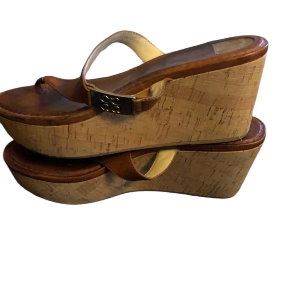 Coach size 10 British Tan / Cognac leather thong heel ,wedge with cork heel